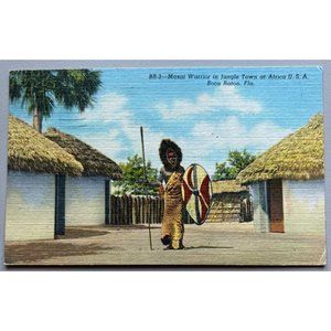 Masai Warrior Jungle Town Africa USA Boca Ratan Florida Postcard 1956 Vintage So